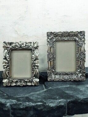 Set Of 2 Ornate Silver Decorative Tabletop Photo Frames Horizontal/Vertical